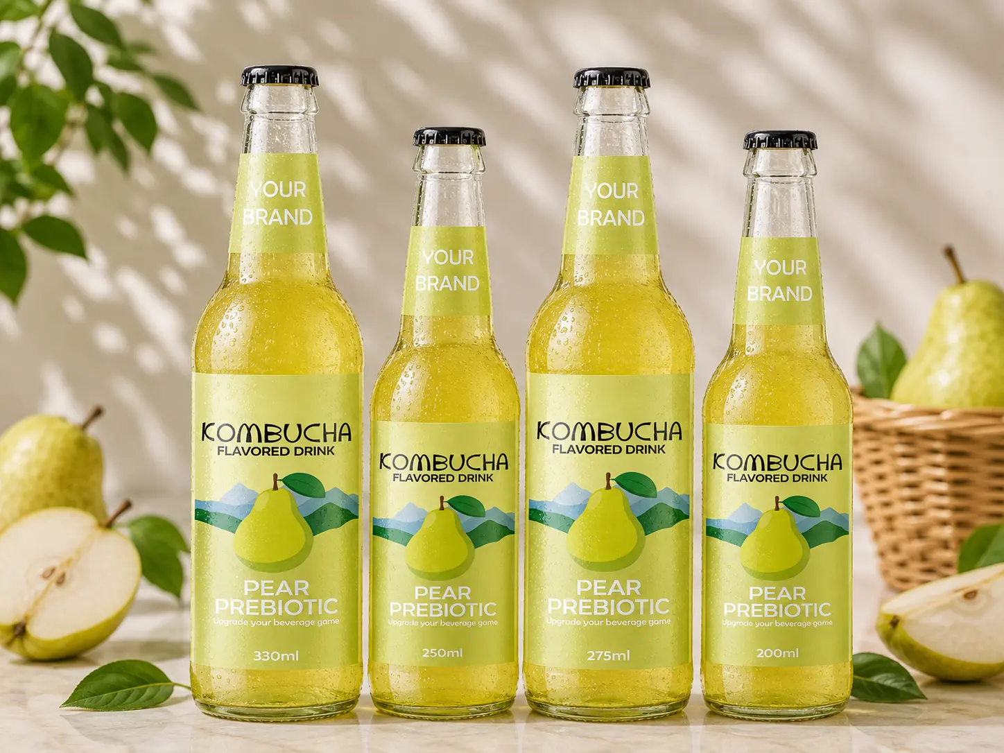 KOMBUCHA DRINK Pear Prebiotic in 200ml, 250ml, 275ml and 330ml glass bottles.